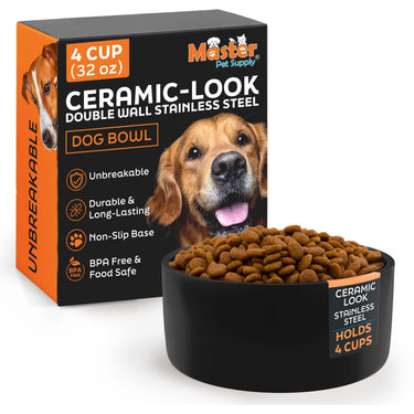 Ceramic Look Double Wall Insulated Stainless Steel Dog Bowl with Anti Skid Base