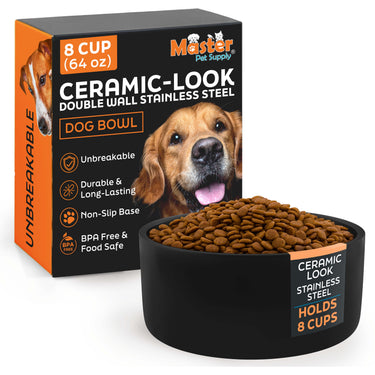Ceramic Look Double Wall Insulated Stainless Steel Dog Bowl with Anti Skid Base